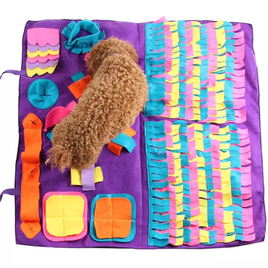 Image of purple large Sniffle Mat with a dog