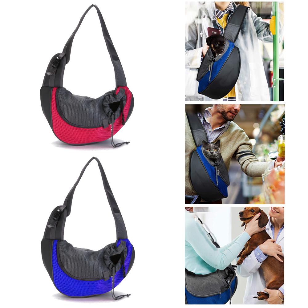 Demonstration of how the Pet shoulder bag carrier in Red and Blue