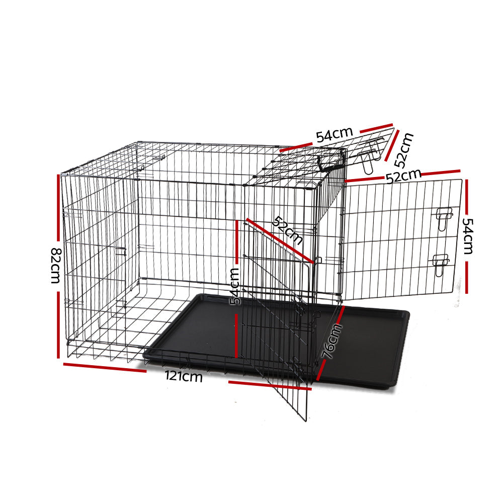 Image of wire crate with pad with drawing showing how crate opens with mat