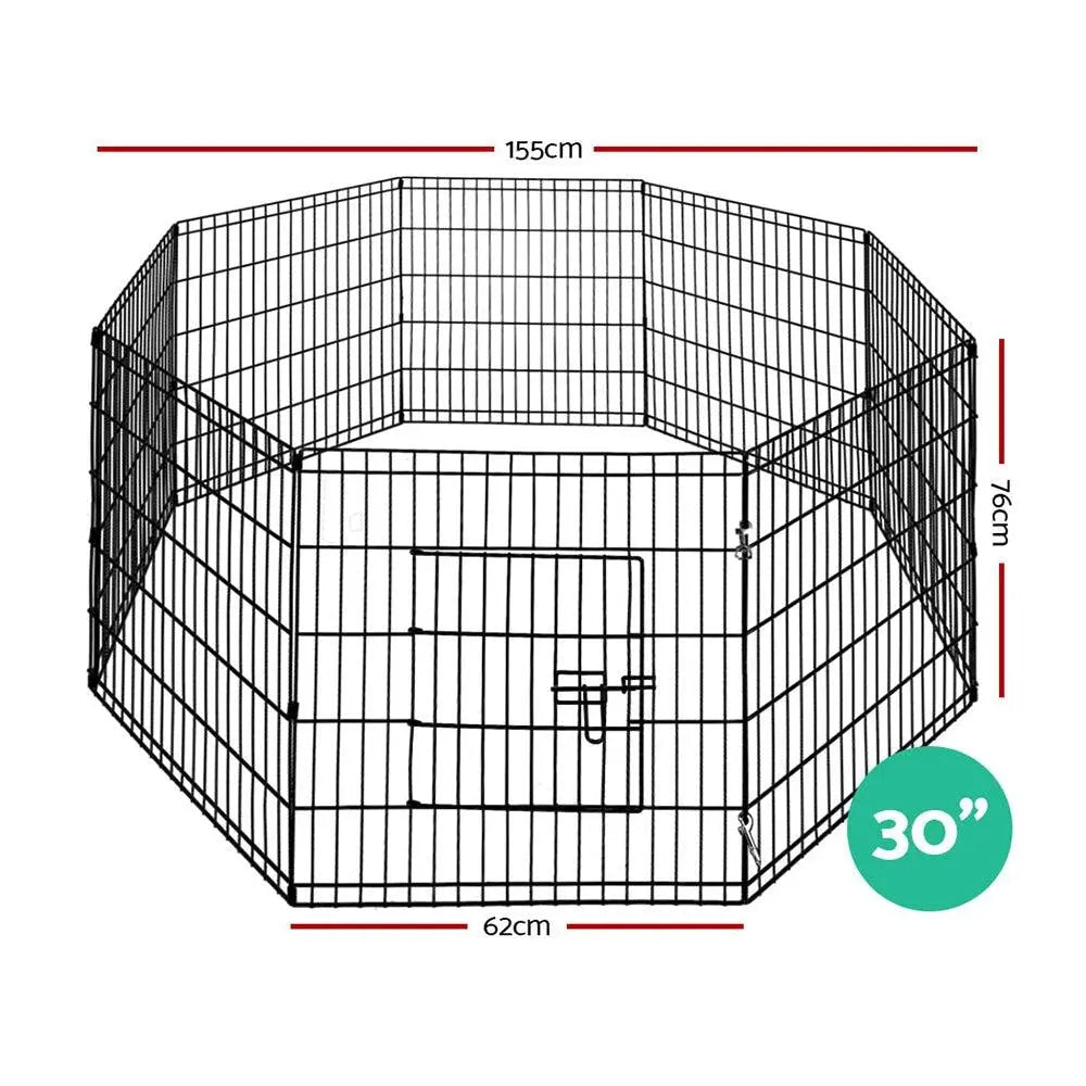 Image of 8 panel 30 inch high pet wire pen  with measurements showing