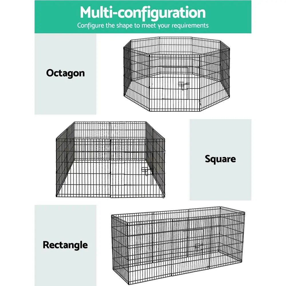 Image of 8 panel 30 inch high pet wire pen set up in 3 different sapes