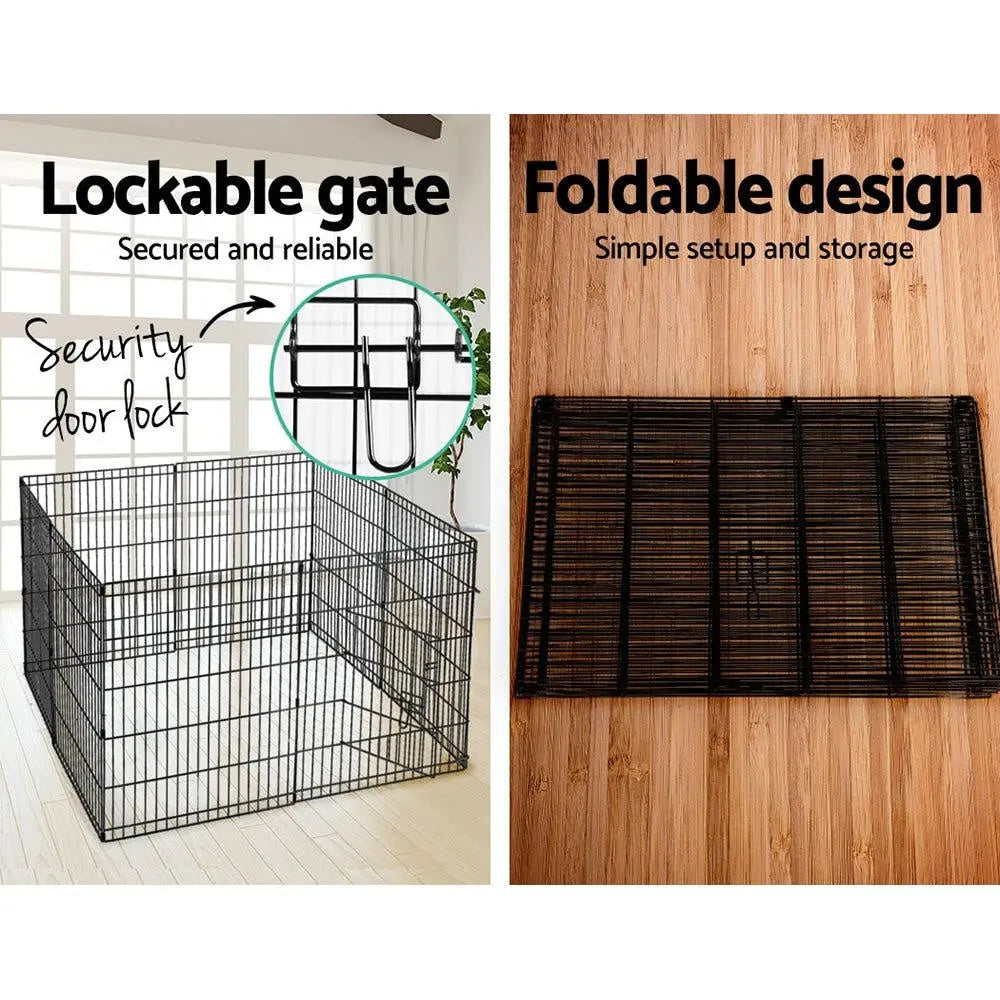 Image of 8 panel 30 inch high pet wire pen demonstrating lockable gate and foldable design